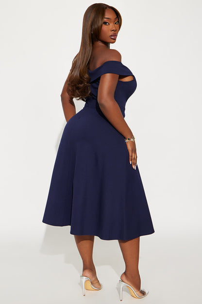 Poppy Body Sculpt Ponte Off Shoulder Midi Dress - Navy
