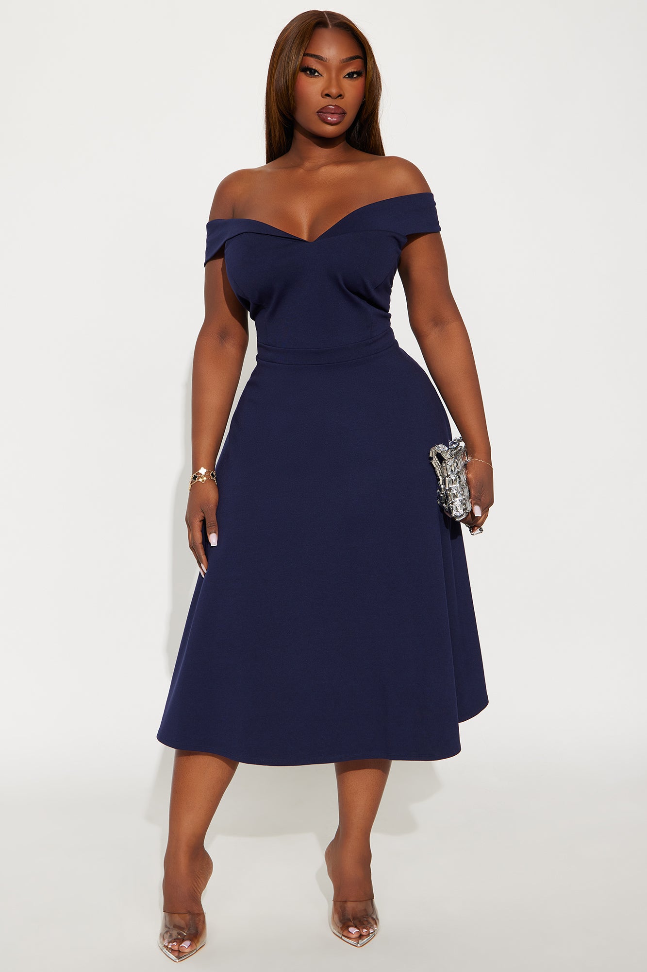 Poppy Body Sculpt Ponte Off Shoulder Midi Dress - Navy