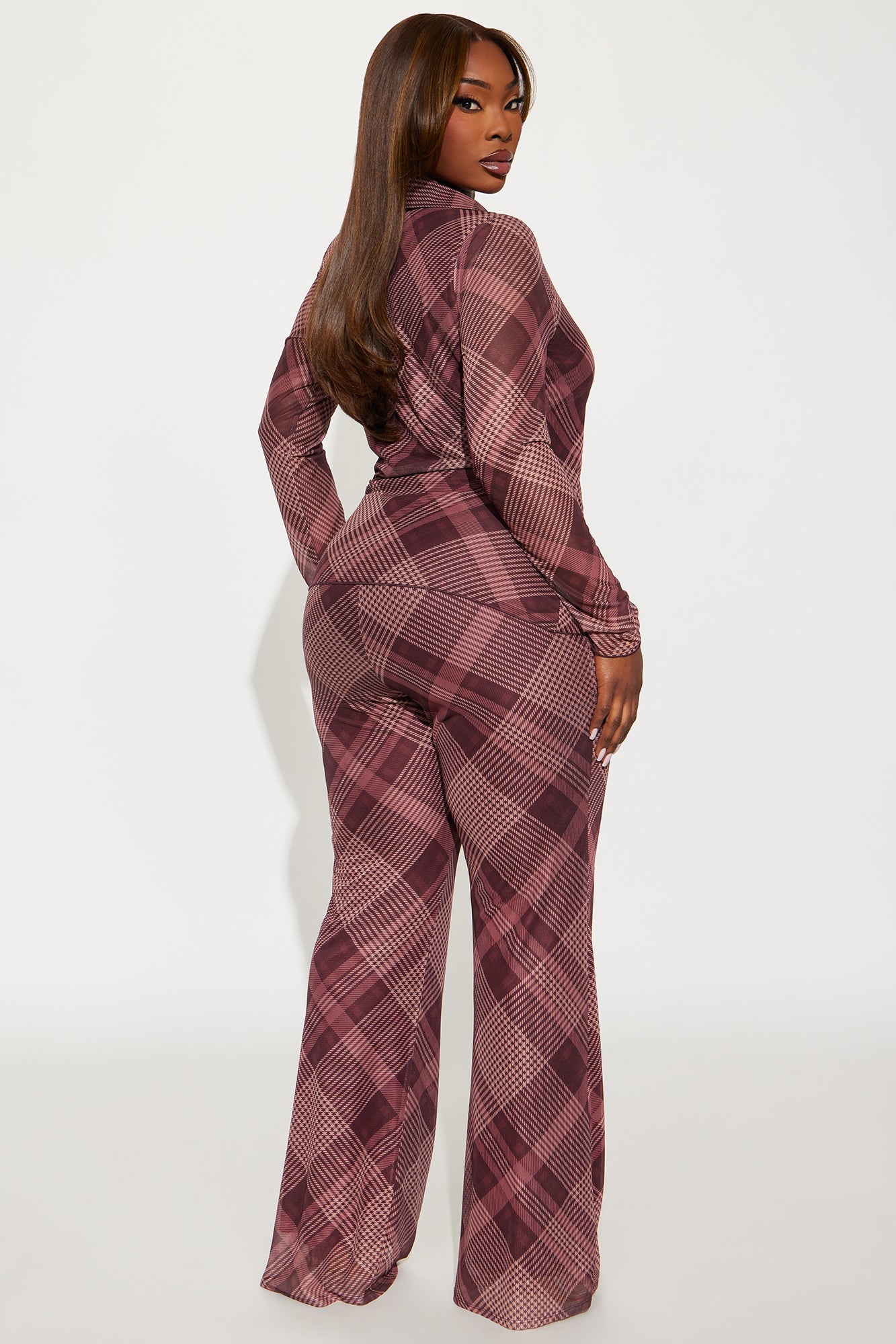 Cher Plaid Wrap Top And Pant Set - Burgundy