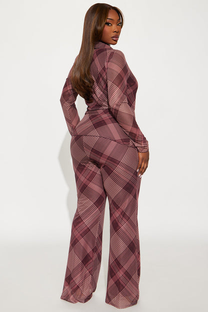 Cher Plaid Wrap Top And Pant Set - Burgundy