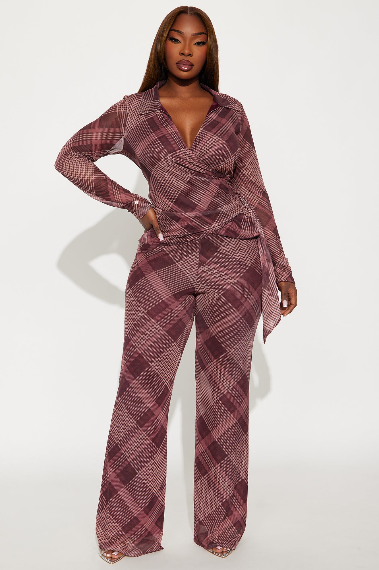 Cher Plaid Wrap Top And Pant Set - Burgundy
