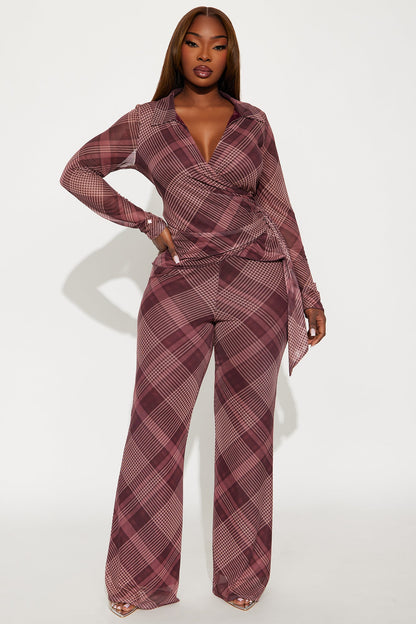 Cher Plaid Wrap Top And Pant Set - Burgundy