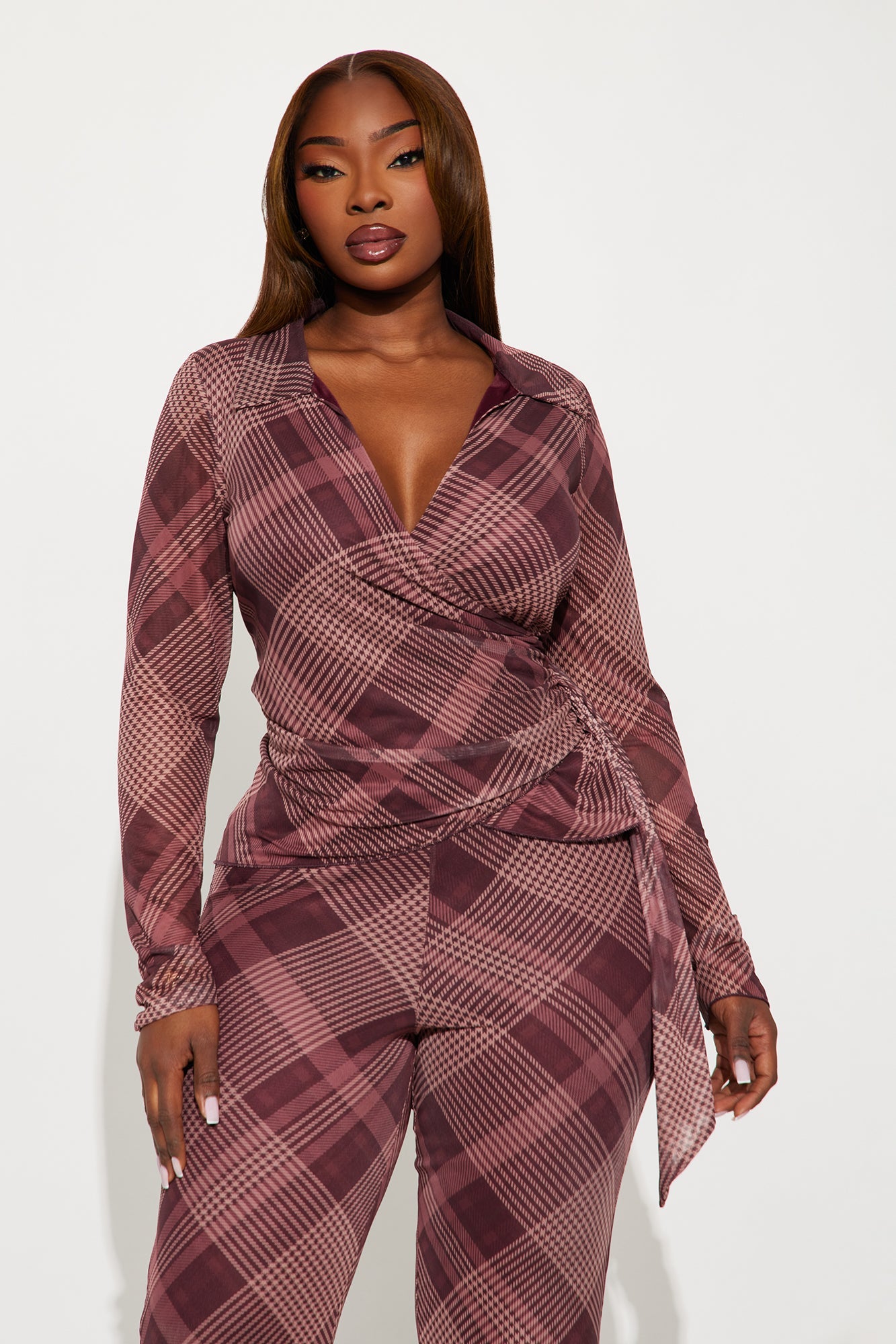 Cher Plaid Wrap Top And Pant Set - Burgundy