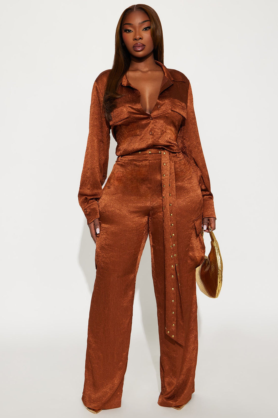 Myla Satin Cargo Jumpsuit - Bronze