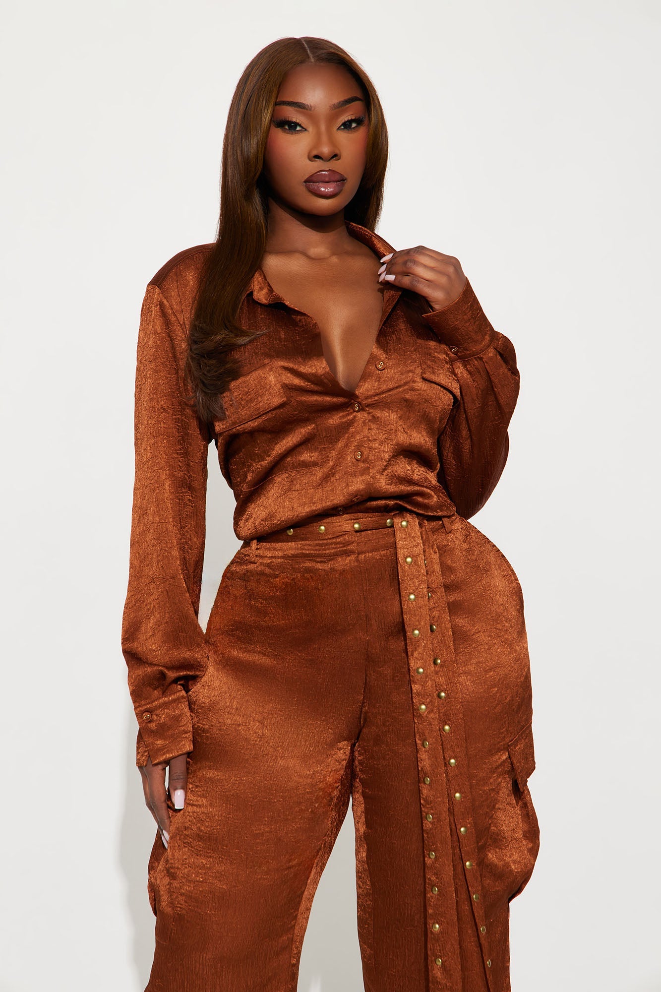 Myla Satin Cargo Jumpsuit - Bronze