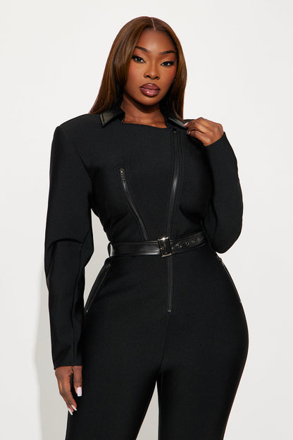 Irina Bold Bandage Moto Jumpsuit - Black