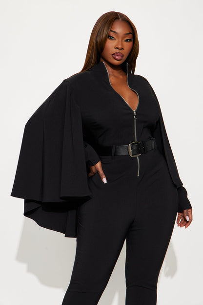 High Roller Cape Sleeve Belted Wide Leg Jumpsuit - Black