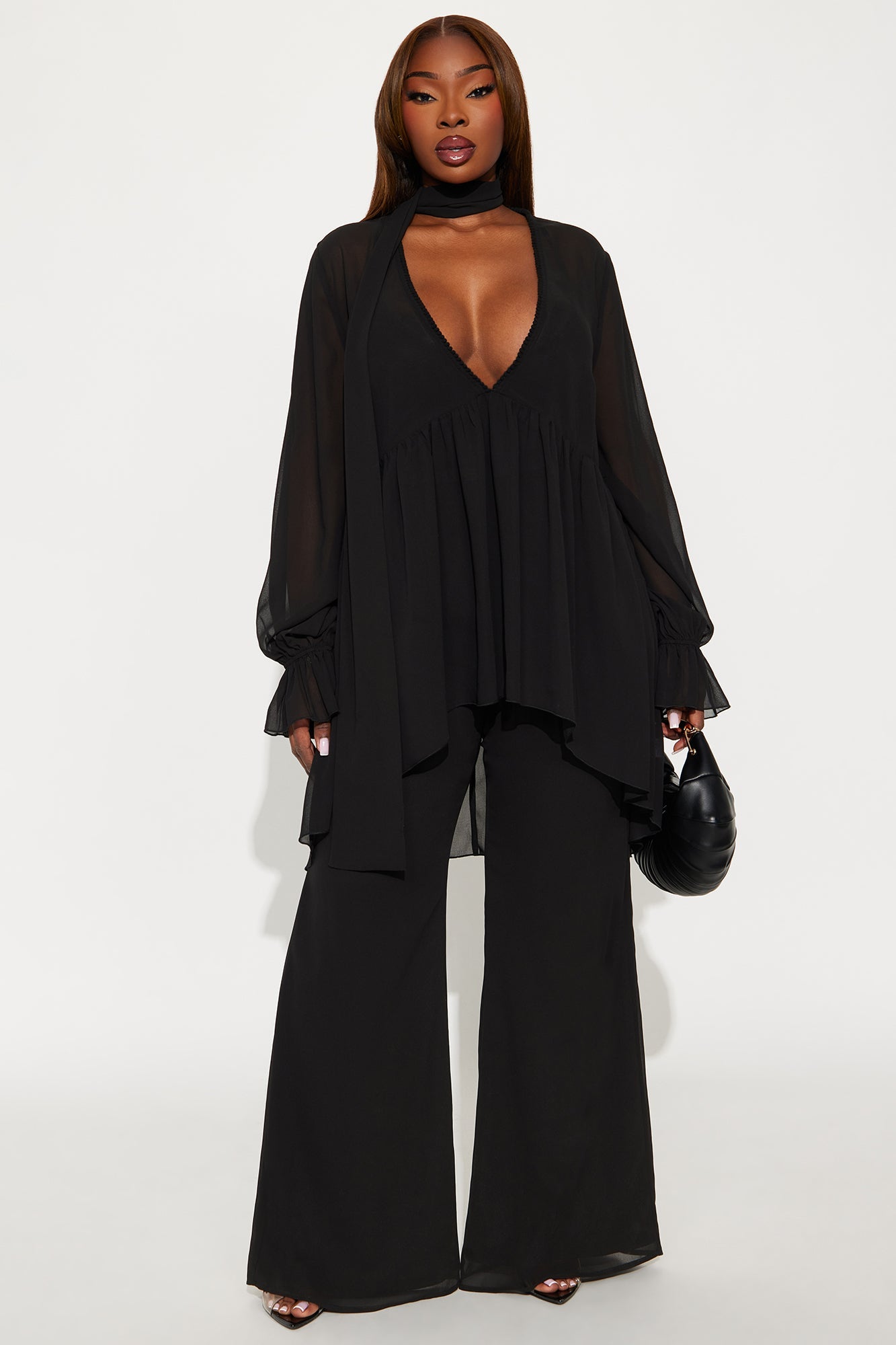 Karina Flowy Chiffon Wide Leg Pant Set - Black