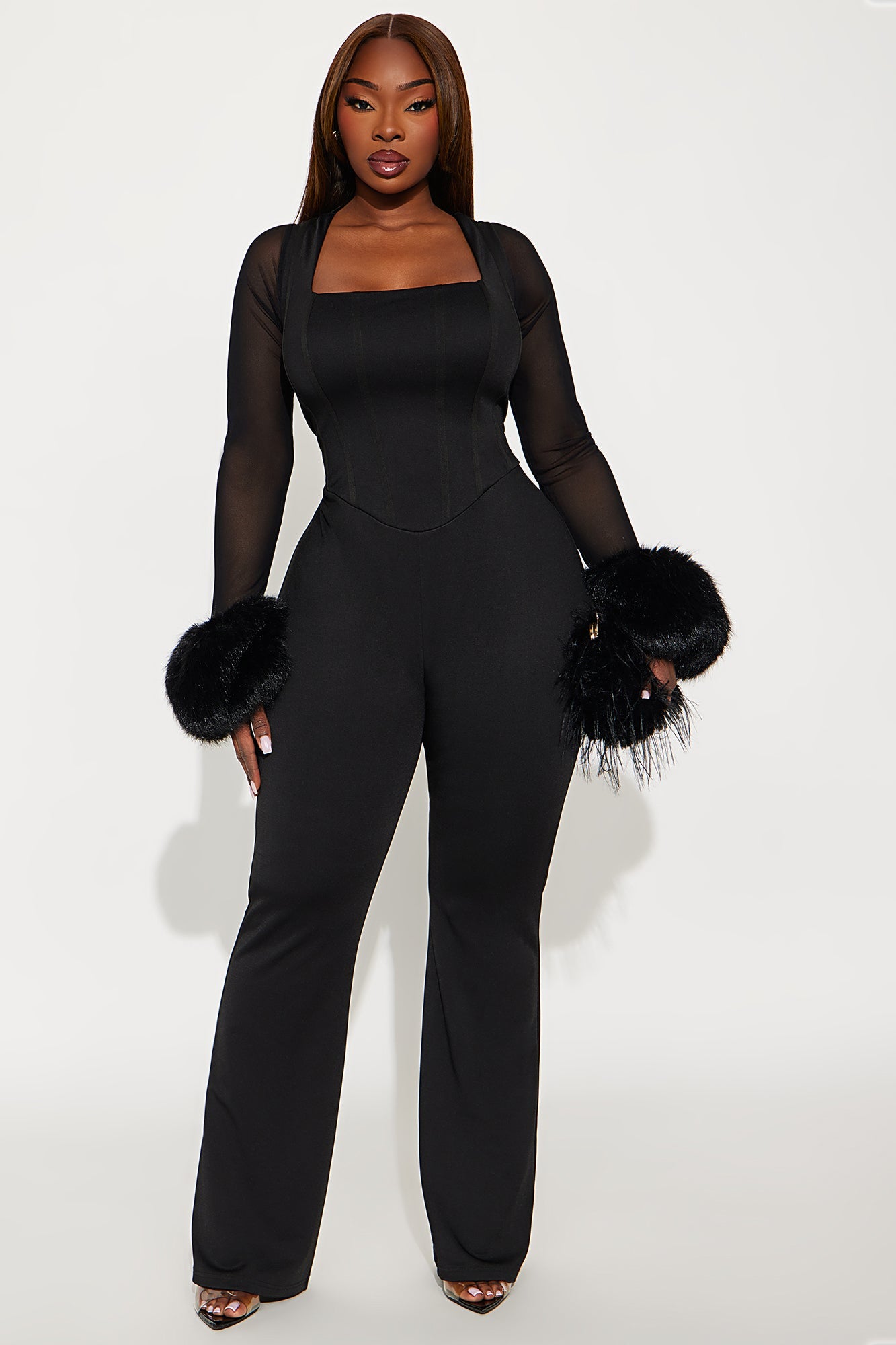 The Night We Met Faux Fur Corset Jumpsuit - Black