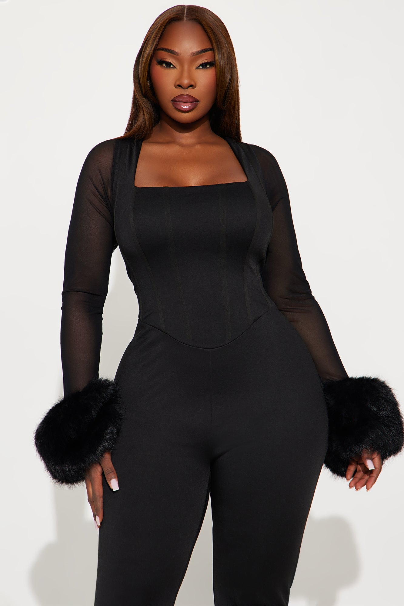 The Night We Met Faux Fur Corset Jumpsuit - Black