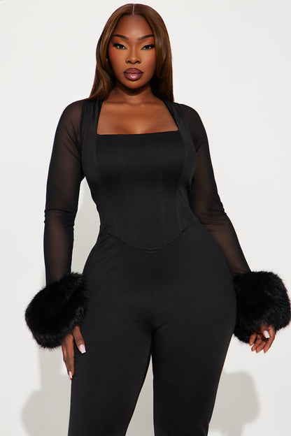 The Night We Met Faux Fur Corset Jumpsuit - Black