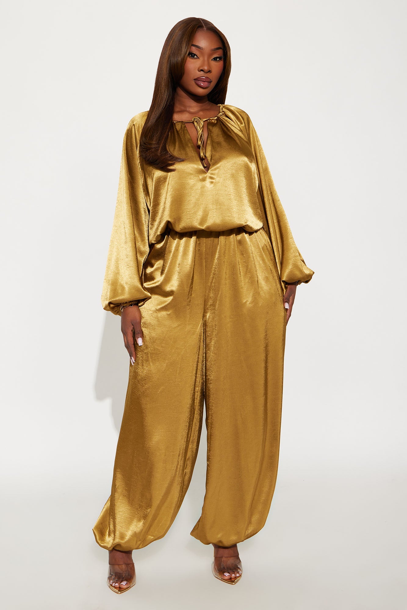 Irene Satin Balloon Jumpsuit - Olive