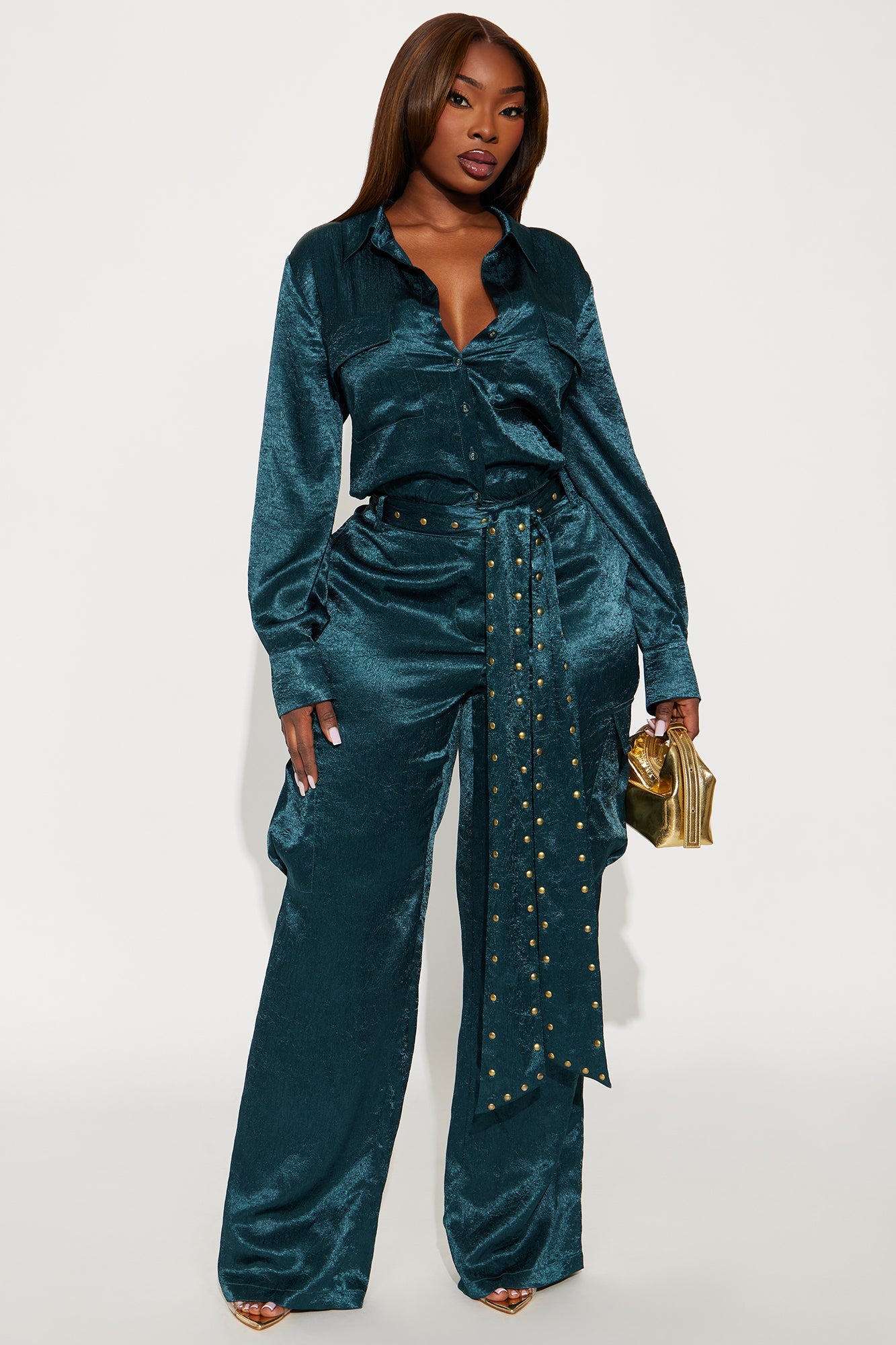 Myla Satin Cargo Jumpsuit - Teal