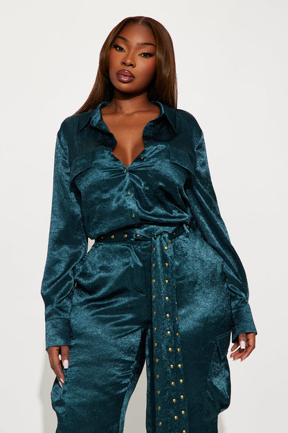 Myla Satin Cargo Jumpsuit - Teal
