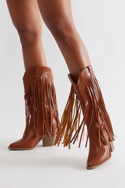 Rancher Studded Fringe Cowboy Boots - Tan