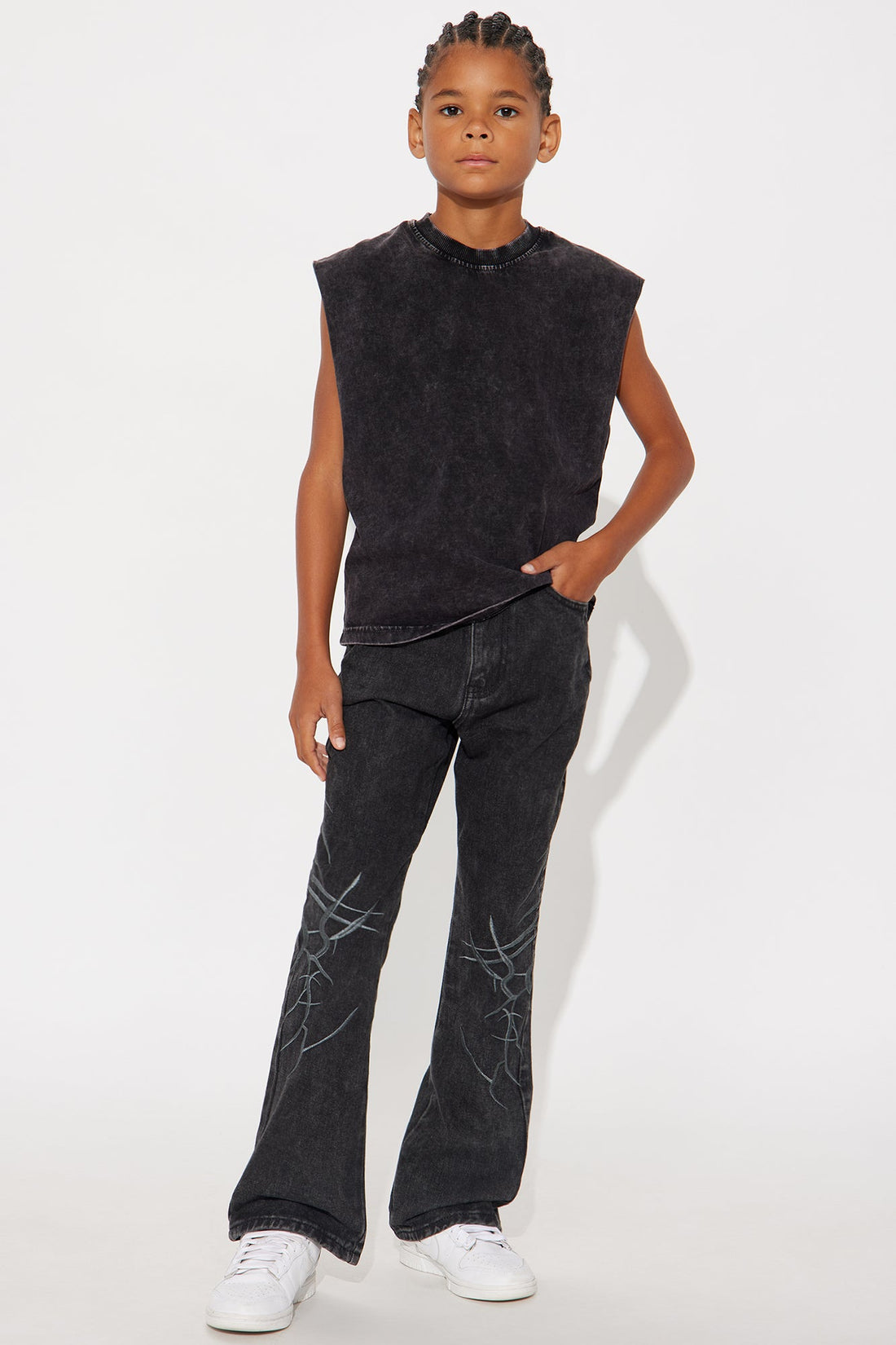 Mini Stacked Slim Flare Thread Bare Embroidered Jean - Black Wash
