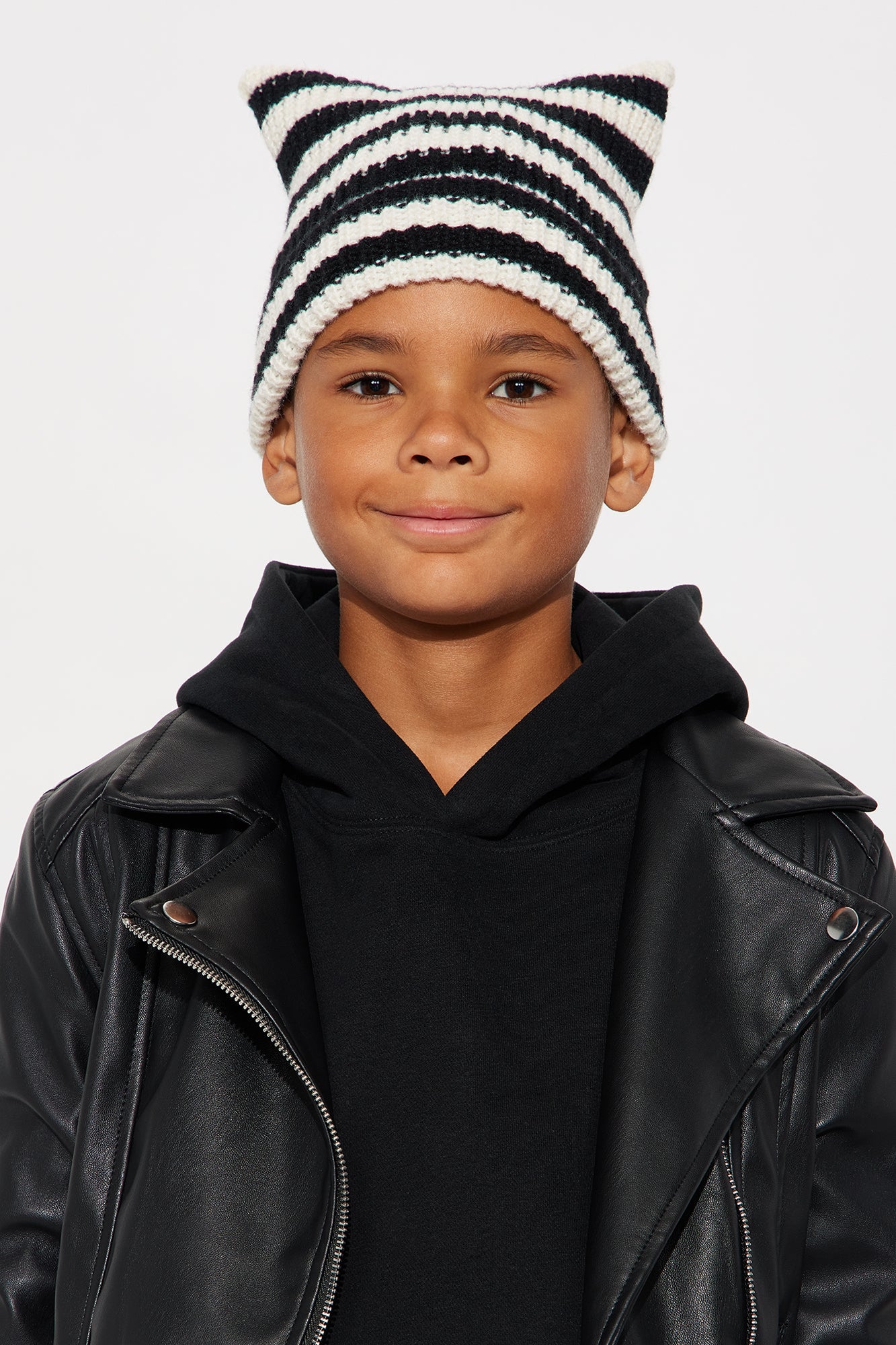 Mini Box Top Striped Rib Knit Cuffed Beanie - Black/White