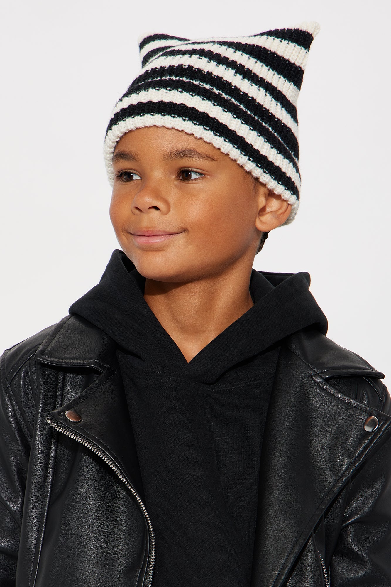 Mini Box Top Striped Rib Knit Cuffed Beanie - Black/White
