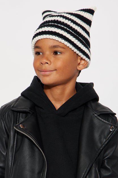 Mini Box Top Striped Rib Knit Cuffed Beanie - Black/White