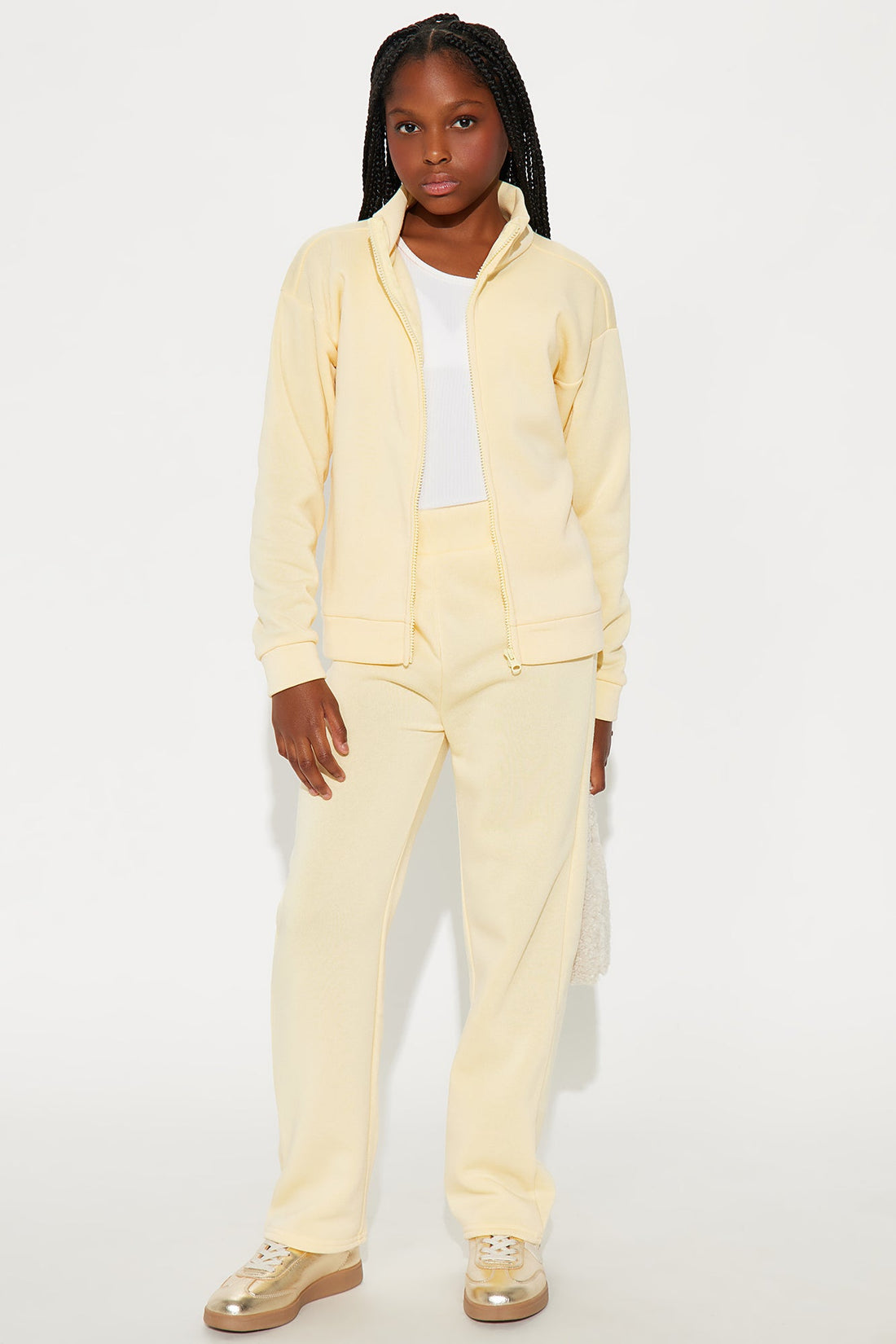 Mini Demi Zip Up Fleece Pant Set - Butter Yellow