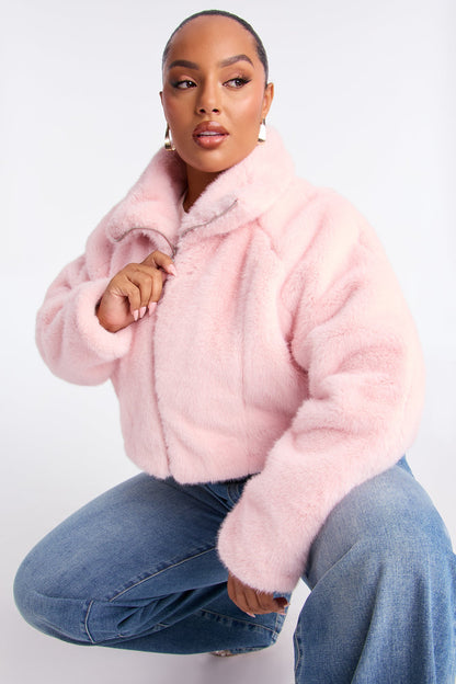 Taking Chances Cropped Faux Fur Coat - Pink