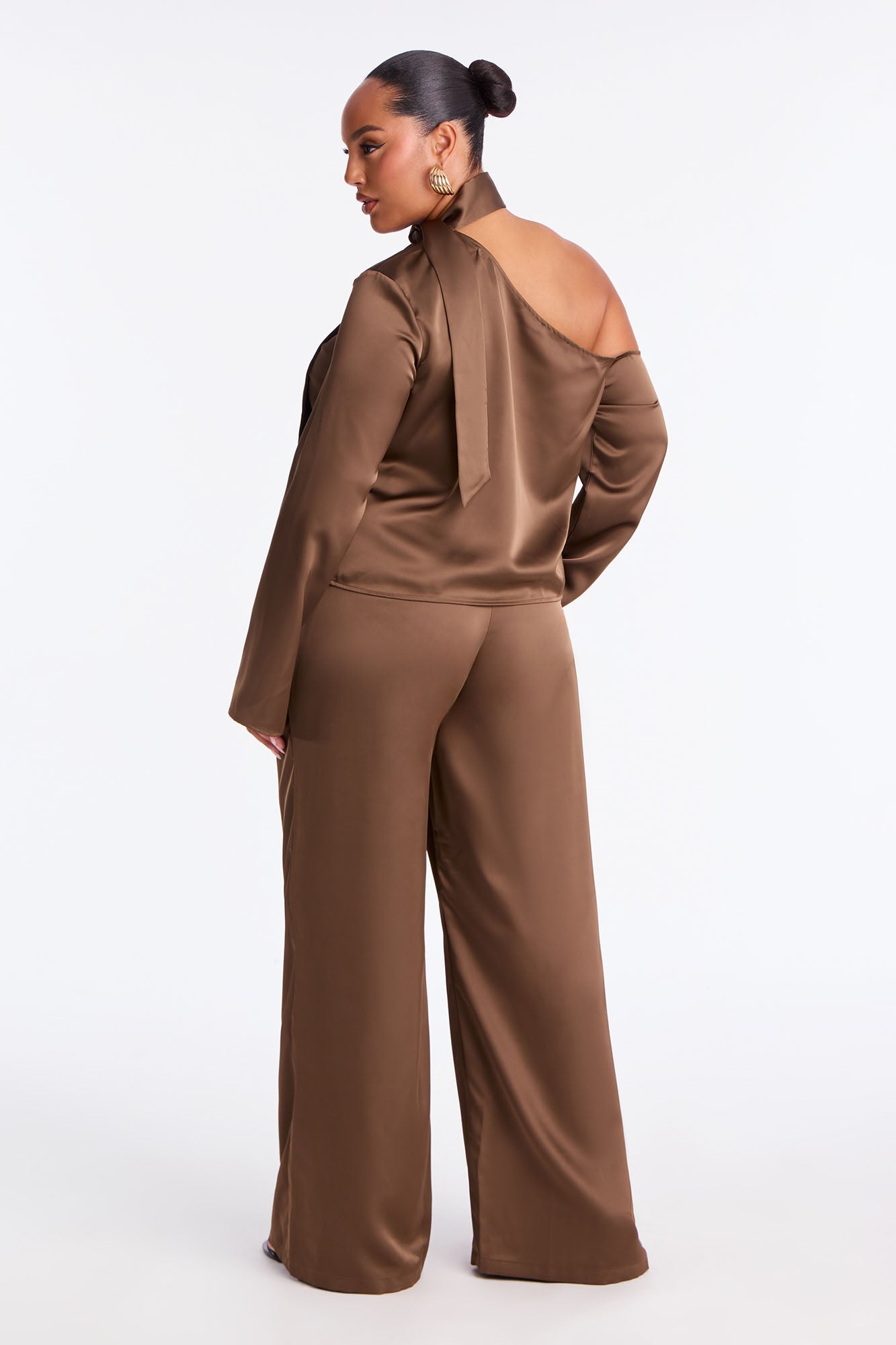 Tiana Off Shoulder Satin Scarf Pant Set - Mocha
