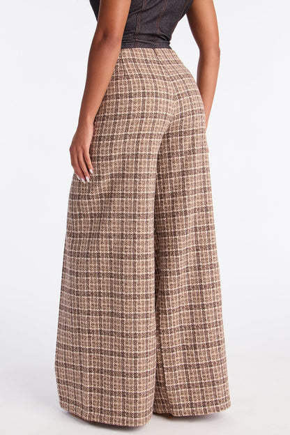 Nayeli High RiseWide Leg Plaid Pant 33 - Brown/combo