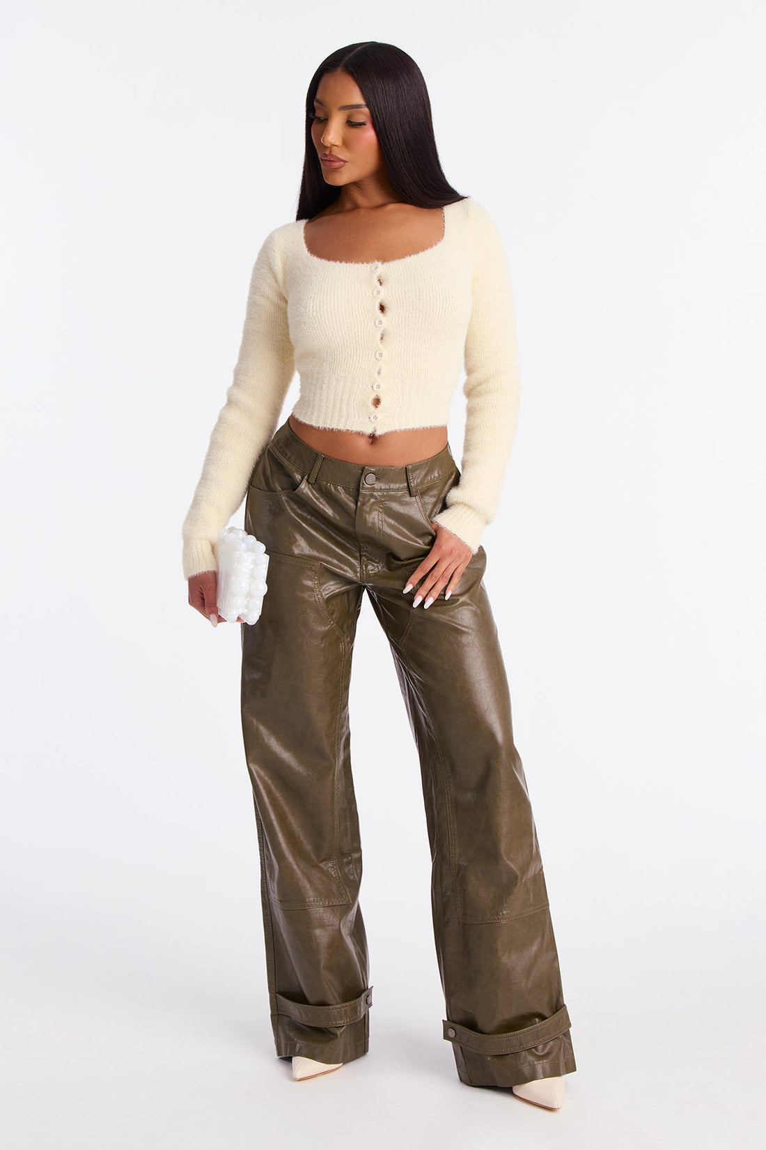 Sammie Faux Leather Wide Pant 32″ - Dark Olive