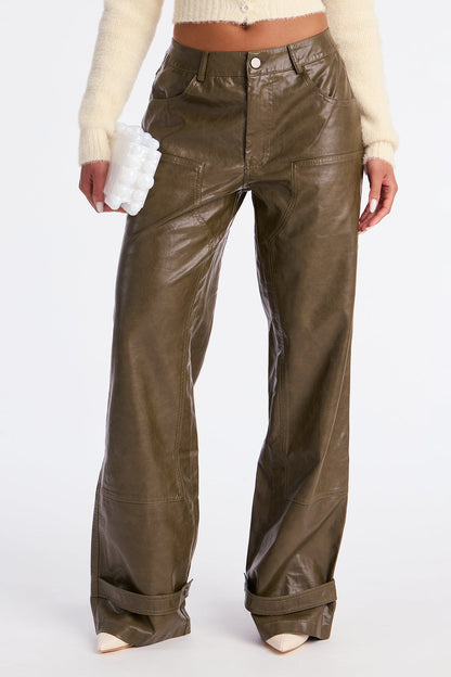 Sammie Faux Leather Wide Pant 32″ - Dark Olive