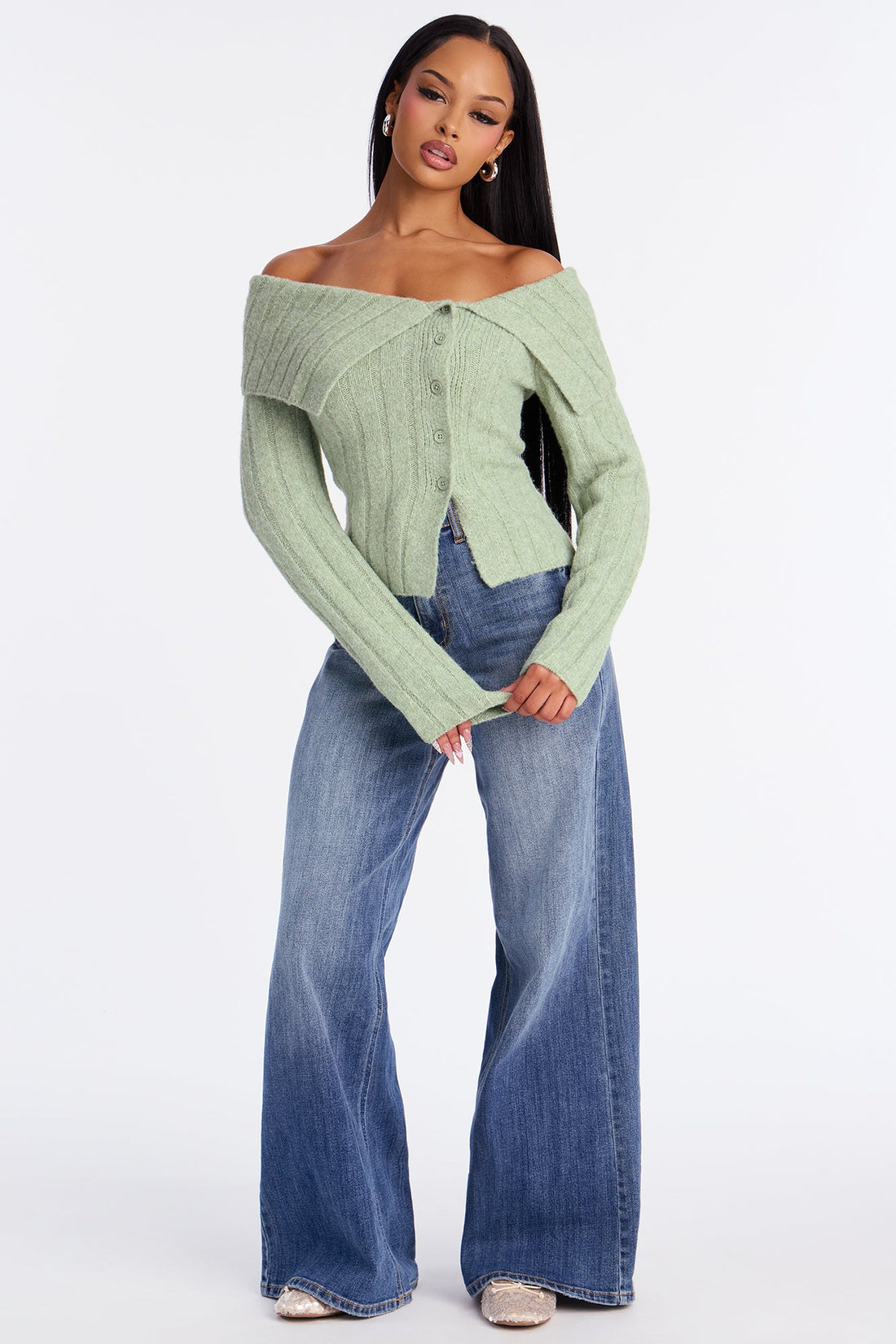 Sassy Soul Off Shoulder Sweater Top - Sage