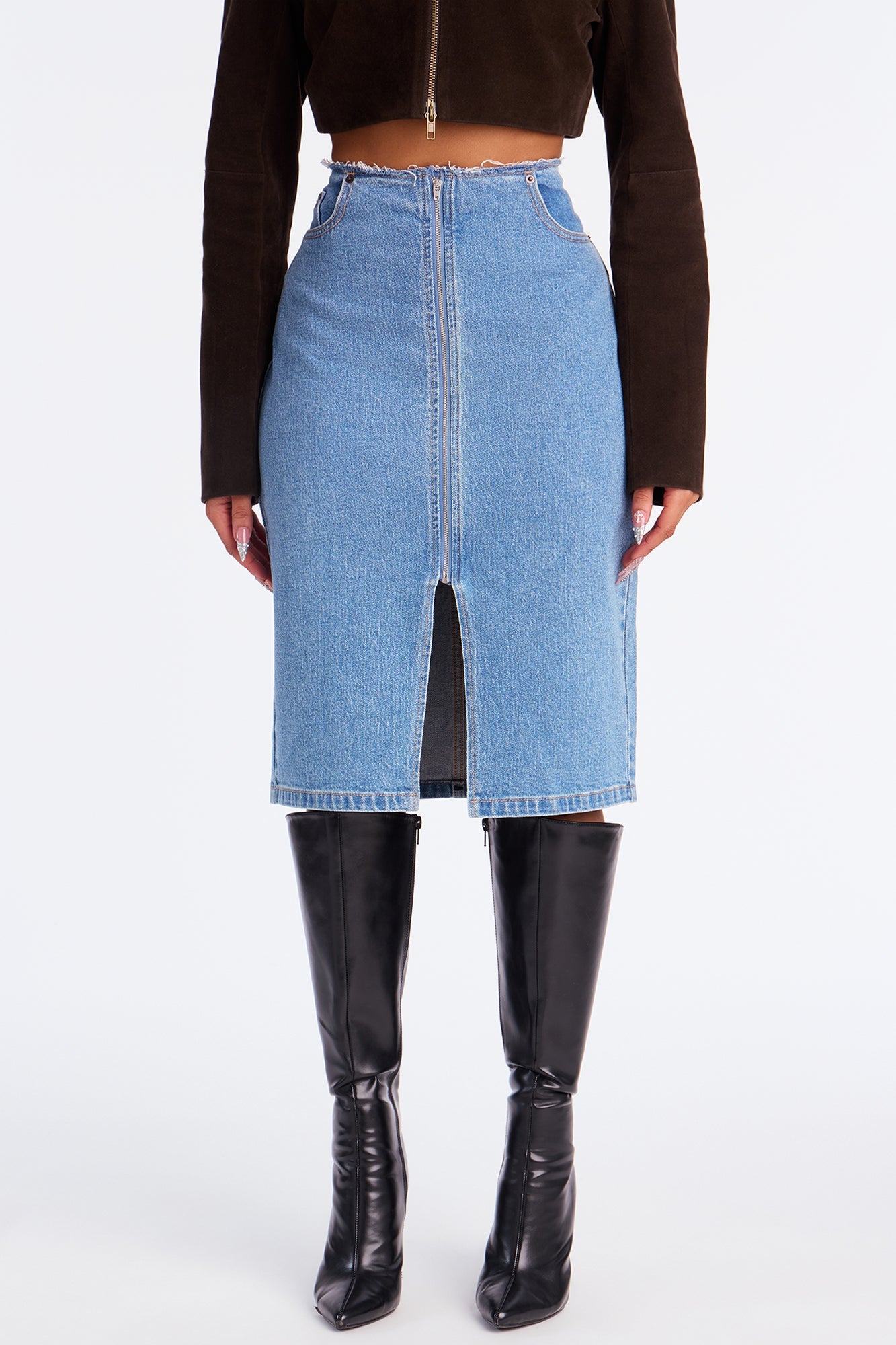 Sierra Deconstructed Waistband Denim Midi Skirt - Medium Wash