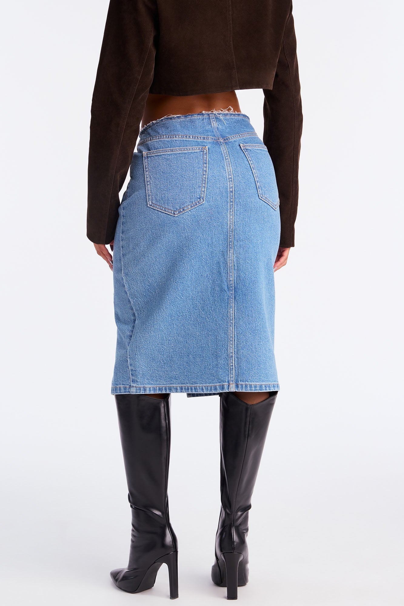 Sierra Deconstructed Waistband Denim Midi Skirt - Medium Wash