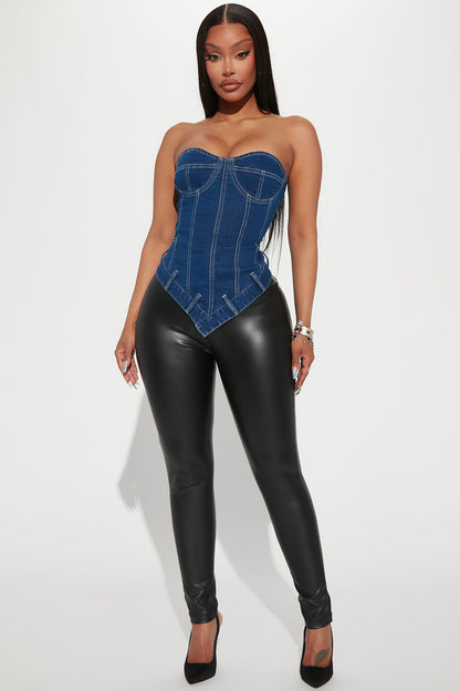 Tensions High Asymmetrical Denim Corset Top - Medium Blue Wash