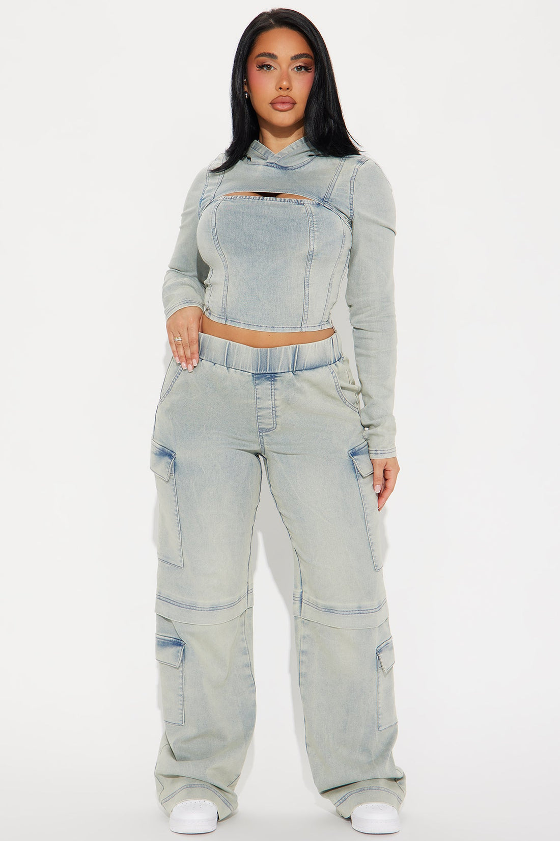 Leylah Denim Cargo Pant Set - Light Wash