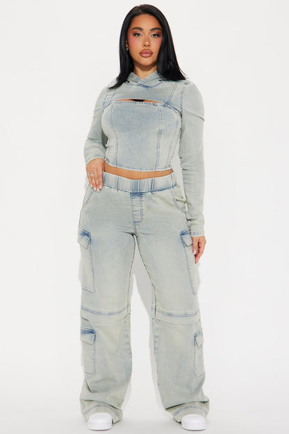 Leylah Denim Cargo Pant Set - Light Wash