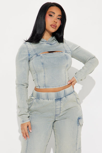 Leylah Denim Cargo Pant Set - Light Wash