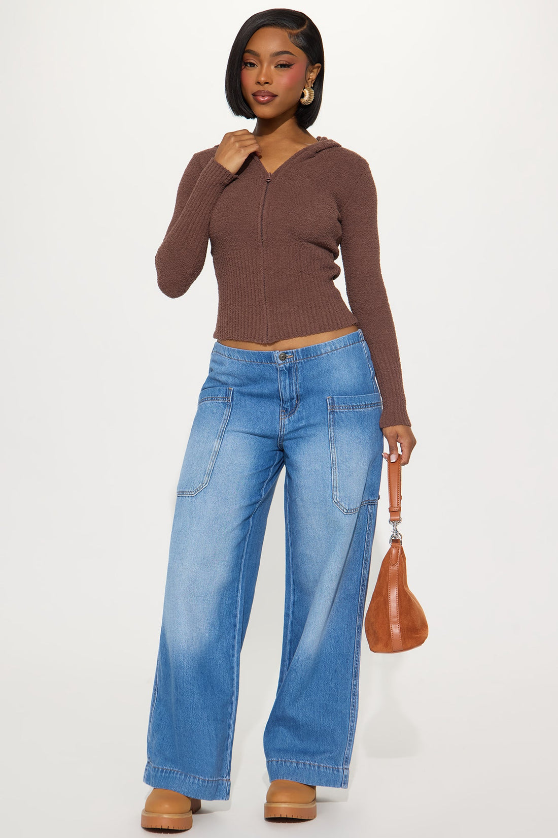 Pillow Talk Zip Front Ribbed Cardigan Sweater - Brown
