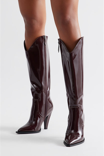 Cosmo Faux Patent Knee High Boots - Burgundy