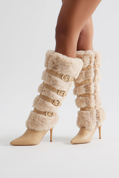 Albany Faux Fur Buckle Boots - Nude