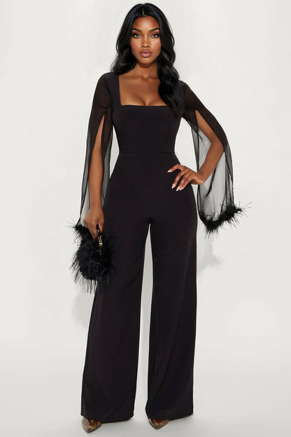 Elle Feather Trim Long Sleeve Wide Leg Jumpsuit - Black