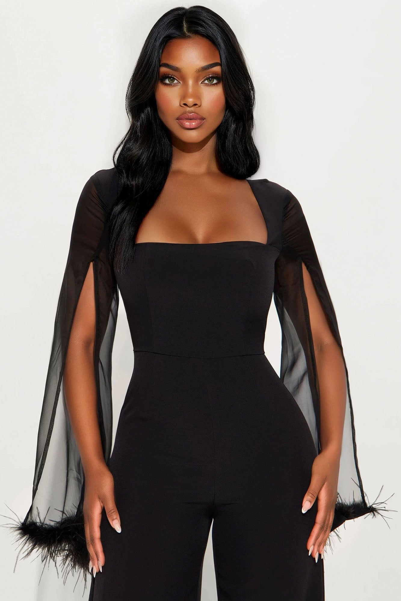 Elle Feather Trim Long Sleeve Wide Leg Jumpsuit - Black