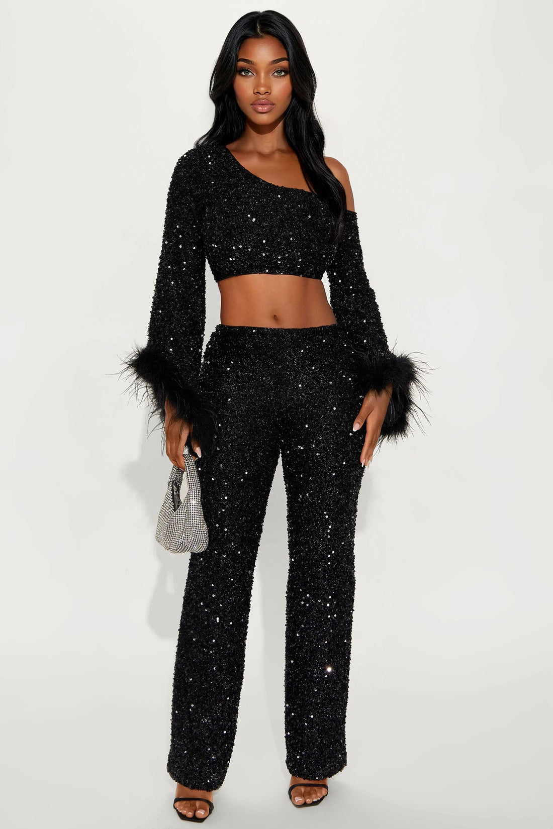 Shine All Night Feather Trim Sequin Pant Set - Black