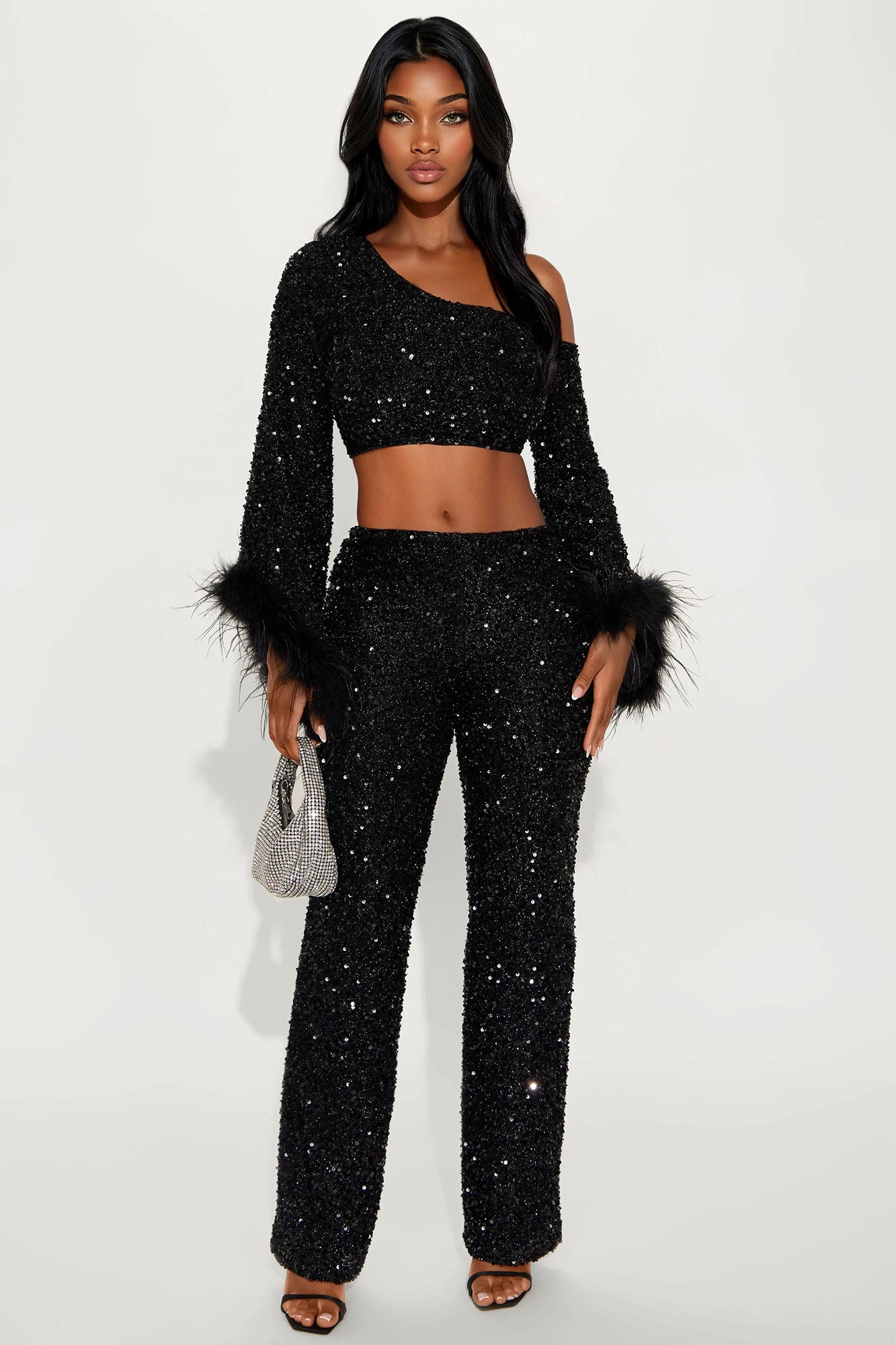 Shine All Night Feather Trim Sequin Pant Set - Black