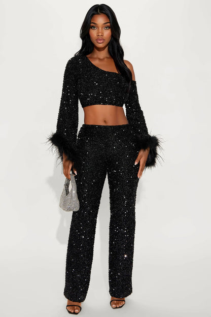 Shine All Night Feather Trim Sequin Pant Set - Black