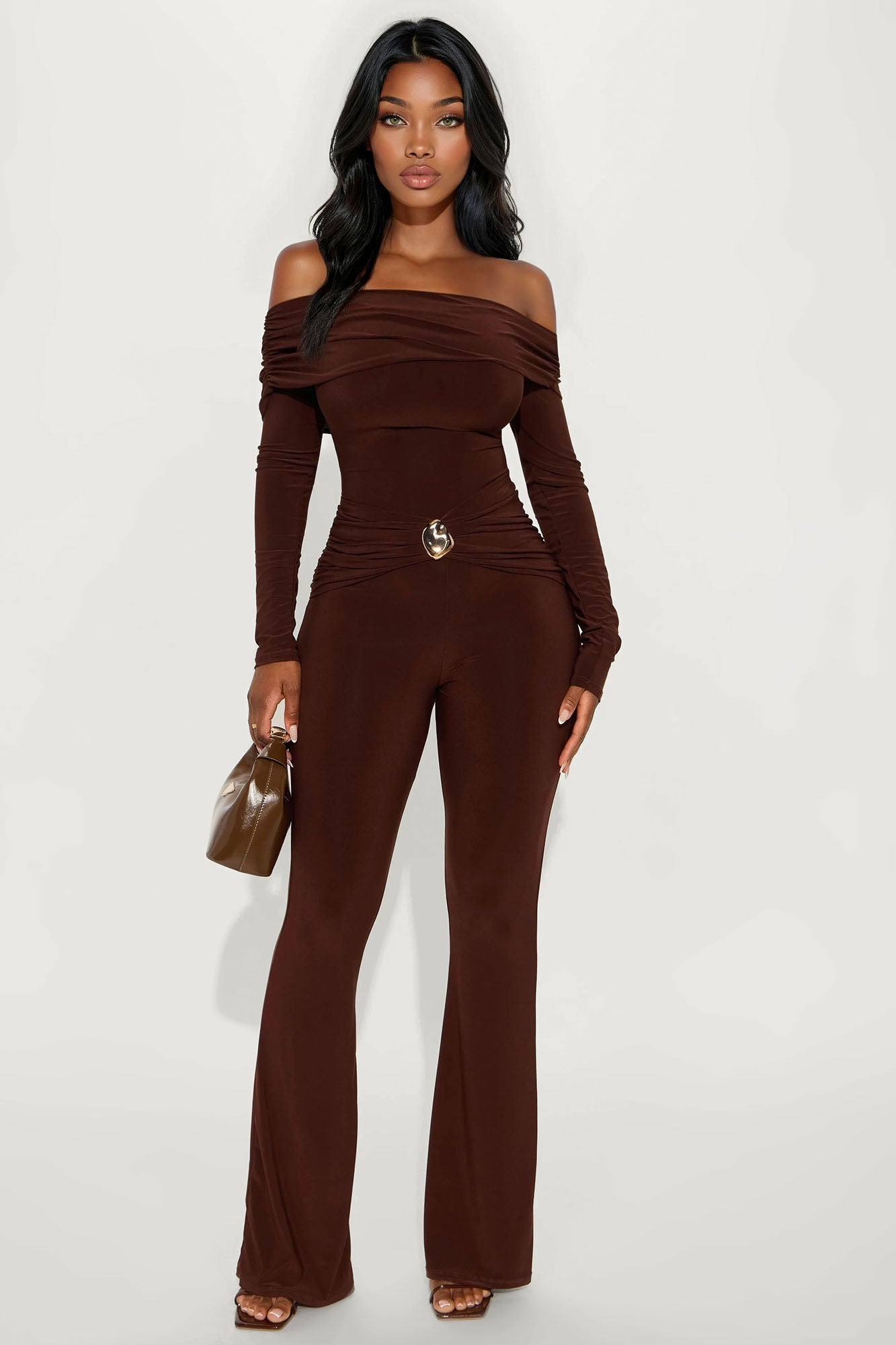 Zia Off Shoulder Flare Leg Jumpsuit - Chocolate