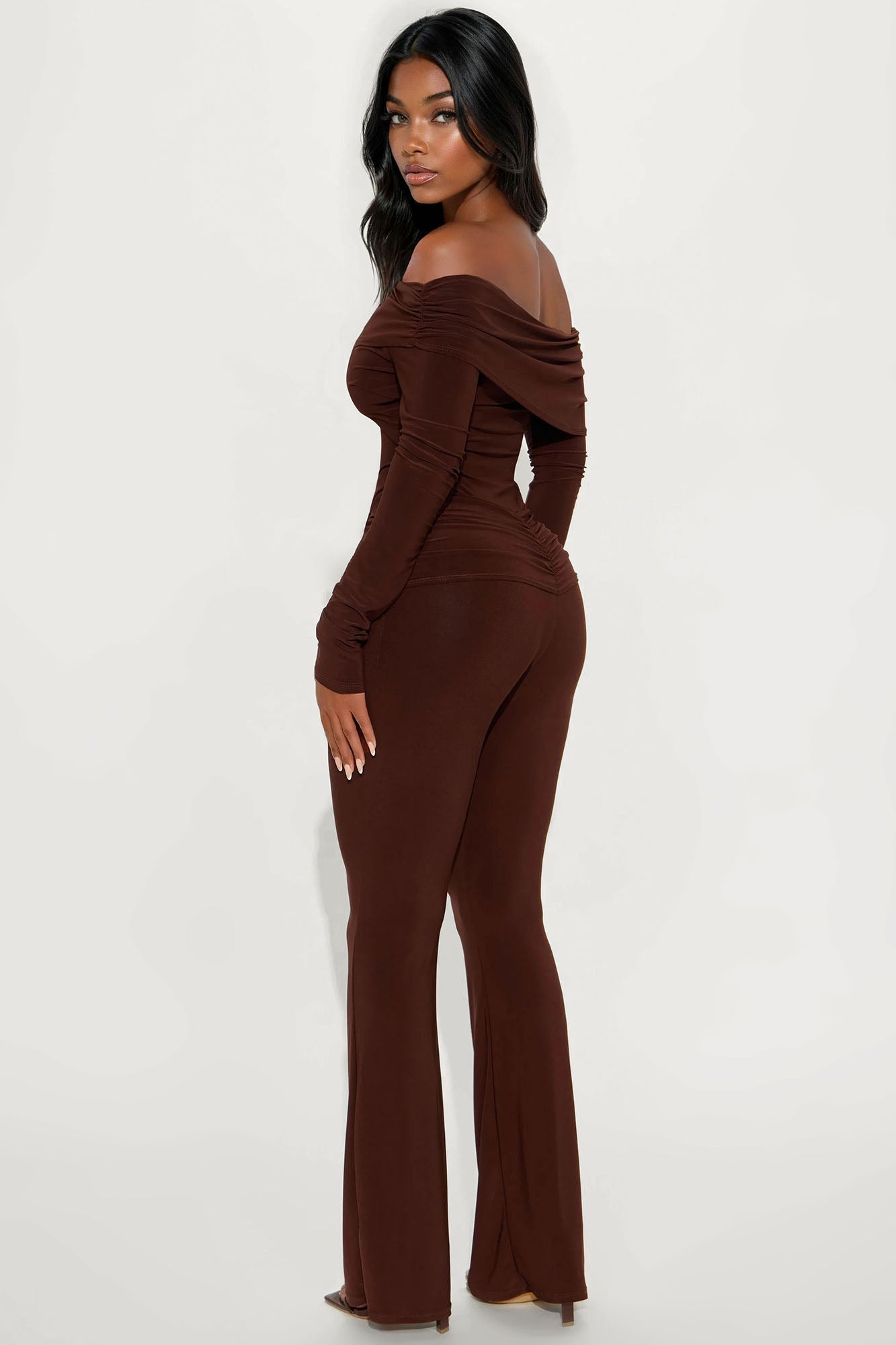 Zia Off Shoulder Flare Leg Jumpsuit - Chocolate