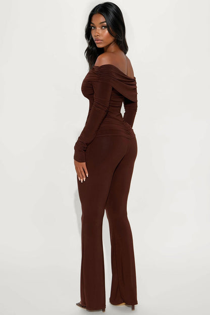 Zia Off Shoulder Flare Leg Jumpsuit - Chocolate