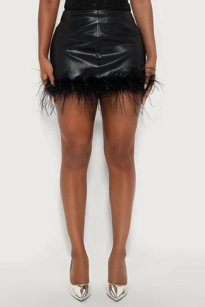 Party Life Faux Leather Feather Mini Skirt - Black