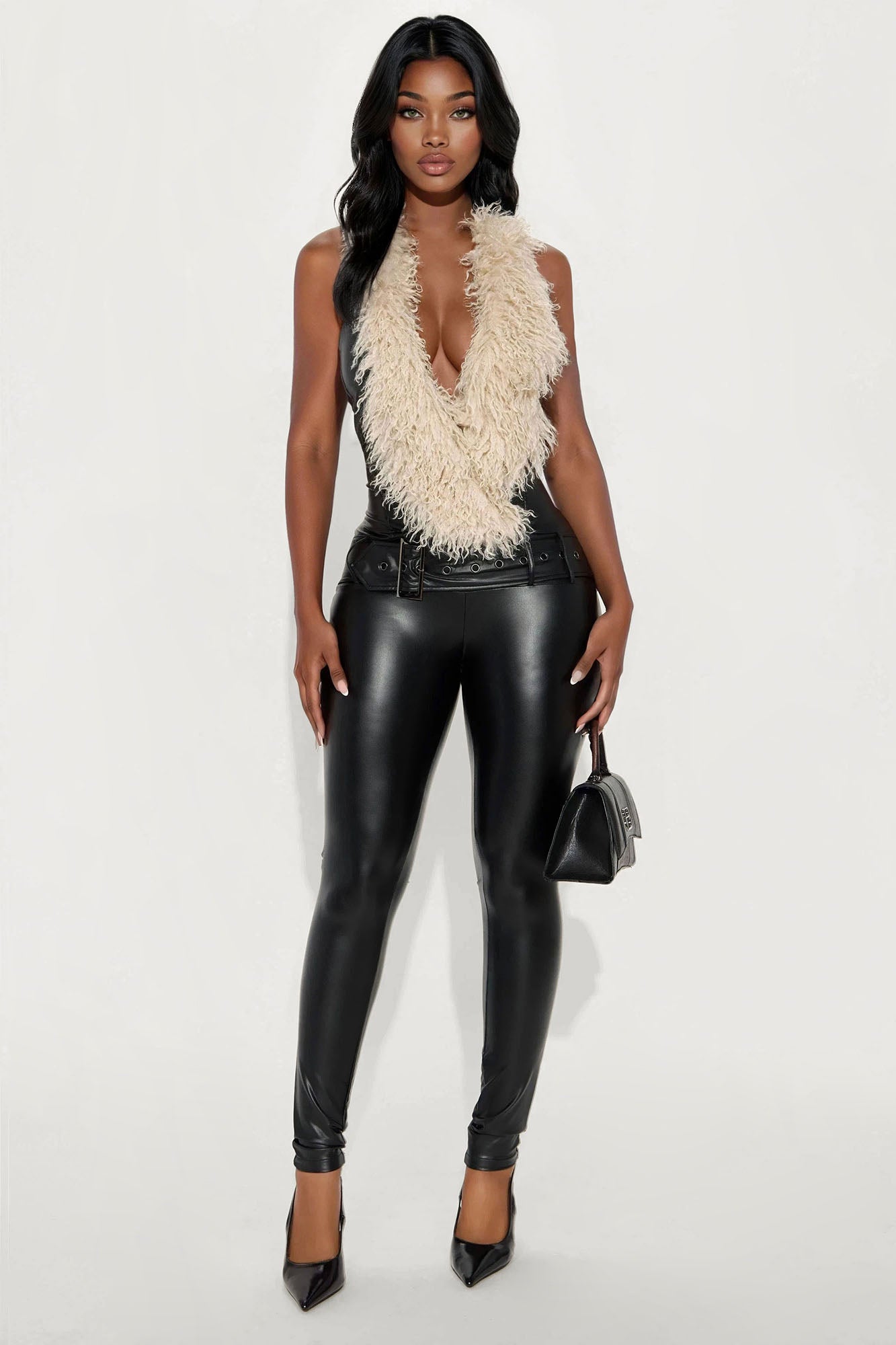 Hailey Fur Trim Leather Jumpsuit - Black/combo