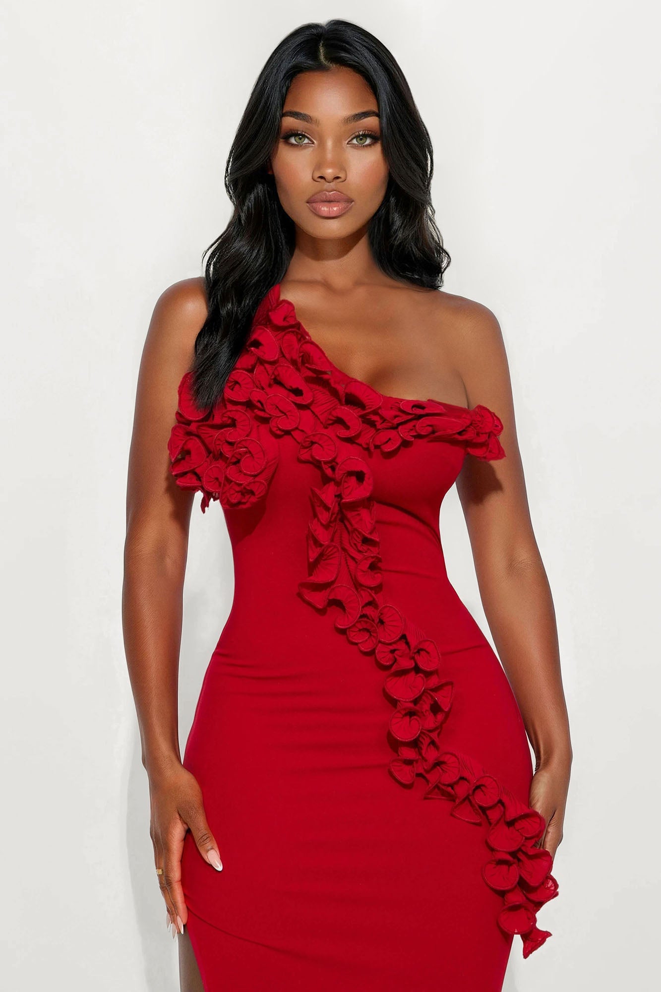 Full Bloom One Shoulder Midi Dress - Red